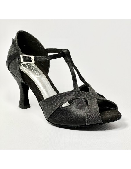 Scarpa da ballo donna latino americano liscio da sala spuntata raso nero glitter nero suola bufalo tacco 70 rocchetto