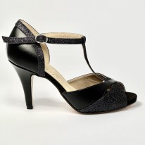Scarpa da ballo donna latino americano liscio da sala tango argentino plateau pelle nero glitter nero suola cuoio tacco 80