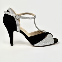 Scarpa da ballo donna latino americano liscio da sala tango argentino camoscio nero glitter argento plateau suola cuoio tacco 80