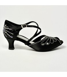 Scarpa da ballo donna latino americano liscio da sala spuntata raso nero strass boreali suola bufalo tacco 50 rocchetto