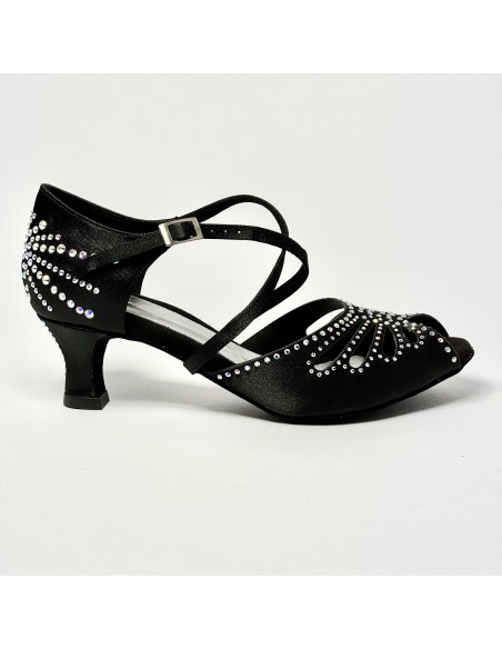 Scarpa da ballo donna latino americano liscio da sala spuntata raso nero strass boreali suola bufalo tacco 50 rocchetto