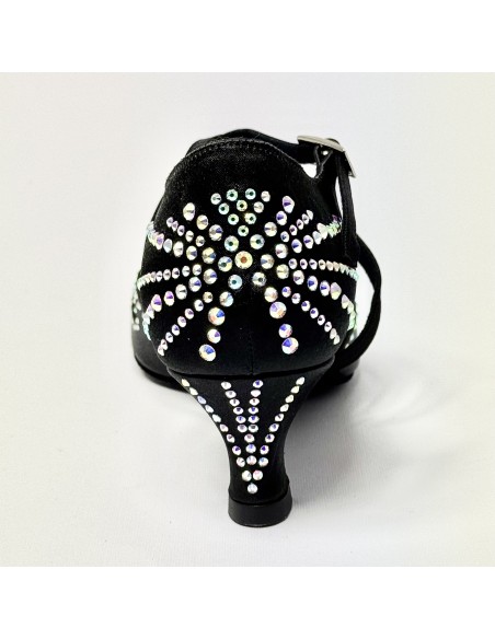 Scarpa da ballo donna latino americano liscio da sala spuntata raso nero strass boreali suola bufalo tacco 50 rocchetto