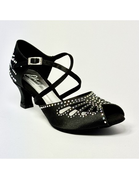 Scarpa da ballo donna latino americano liscio da sala spuntata raso nero strass boreali suola bufalo tacco 50 rocchetto