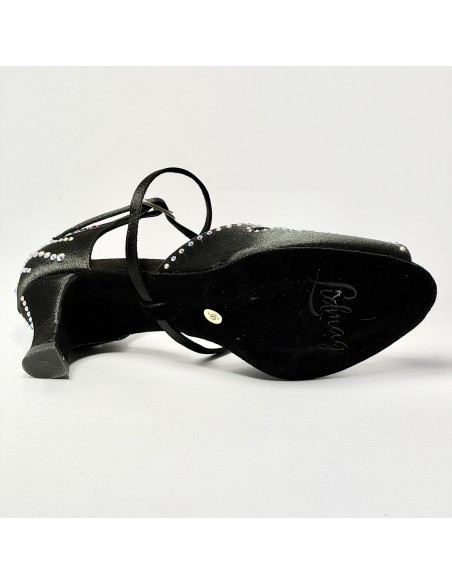 Scarpa da ballo donna latino americano liscio da sala spuntata raso nero strass boreali suola bufalo tacco 50 rocchetto