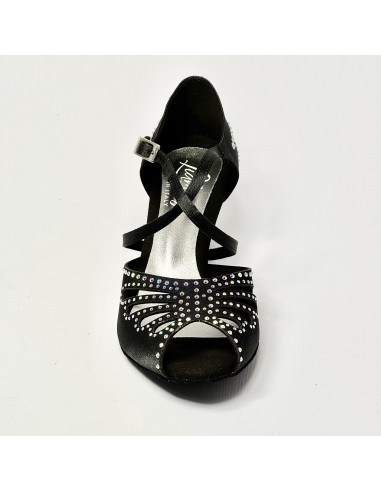 Scarpa da ballo donna latino americano liscio da sala spuntata raso nero strass boreali suola bufalo tacco 50 rocchetto