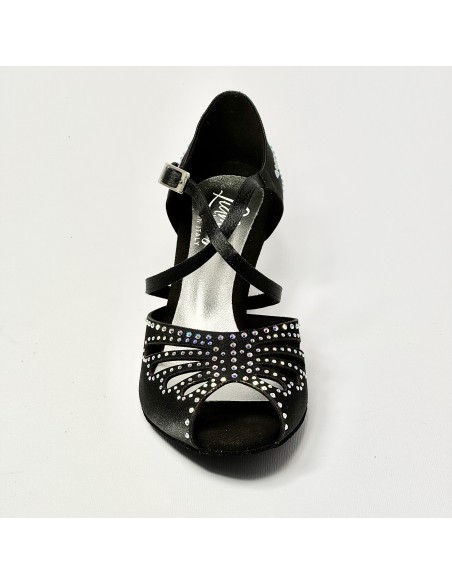 Scarpa da ballo donna latino americano liscio da sala spuntata raso nero strass boreali suola bufalo tacco 50 rocchetto
