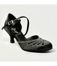 Scarpa da ballo donna liscio da sala latino americano punta chiusa raso nero strass boreali suola bufalo tacco 60 rocchetto