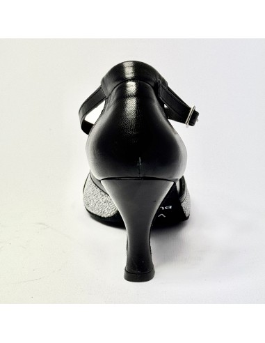 Scarpa da ballo donna latino americano liscio da sala spuntata pelle nera tessuto argentato suola bufalo tacco 70 rocchetto