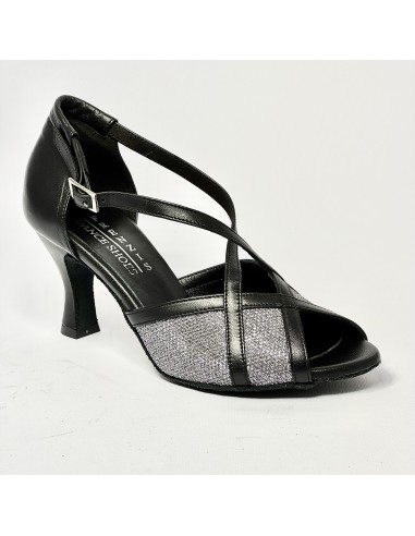 Scarpa da ballo donna latino americano liscio da sala spuntata pelle nera tessuto argentato suola bufalo tacco 70 rocchetto