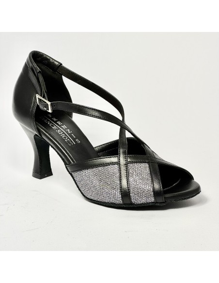 Scarpa da ballo donna latino americano liscio da sala spuntata pelle nera tessuto argentato suola bufalo tacco 70 rocchetto