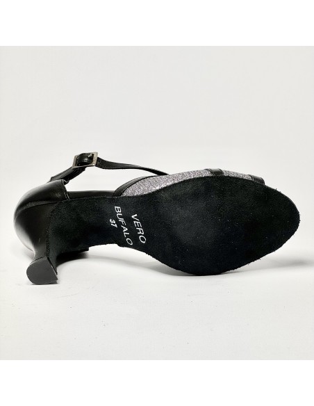 Scarpa da ballo donna latino americano liscio da sala spuntata pelle nera tessuto argentato suola bufalo tacco 70 rocchetto