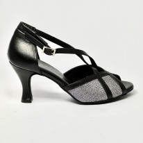 Scarpa da ballo donna latino americano liscio da sala spuntata pelle nera tessuto argentato suola bufalo tacco 70 rocchetto