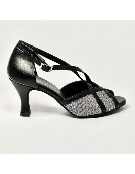 Scarpa da ballo donna latino americano liscio da sala spuntata pelle nera tessuto argentato suola bufalo tacco 70 rocchetto