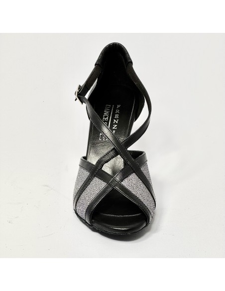 Scarpa da ballo donna latino americano liscio da sala spuntata pelle nera tessuto argentato suola bufalo tacco 70 rocchetto