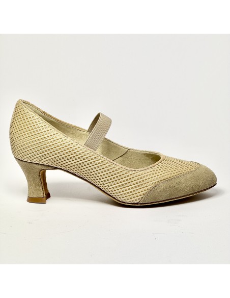 Scarpa da ballo donna standard liscio da sala tessuto traspirante e camoscio beige suola bufalo tacco 50
