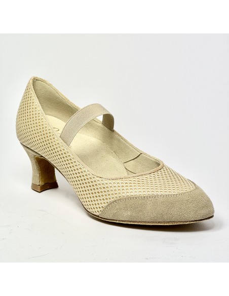 Scarpa da ballo donna standard liscio da sala tessuto traspirante e camoscio beige suola bufalo tacco 50