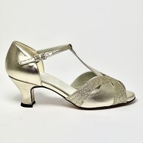 Scarpa da ballo donna latino americano liscio da sala spuntata pelle glitter platino suola cuoio tacco 50 rocchetto