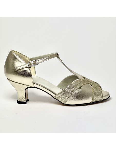 Scarpa da ballo donna latino americano liscio da sala spuntata pelle glitter platino suola cuoio tacco 50 rocchetto