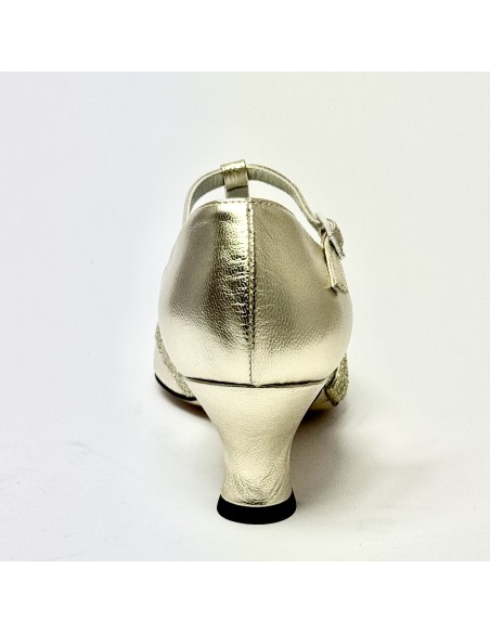 Scarpa da ballo donna latino americano liscio da sala spuntata pelle glitter platino suola cuoio tacco 50 rocchetto