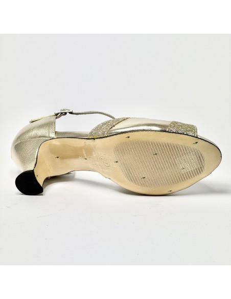 Scarpa da ballo donna latino americano liscio da sala spuntata pelle glitter platino suola cuoio tacco 50 rocchetto