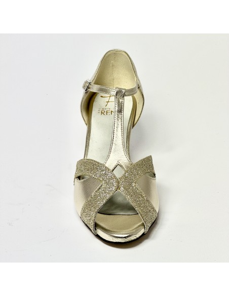 Scarpa da ballo donna latino americano liscio da sala spuntata pelle glitter platino suola cuoio tacco 50 rocchetto