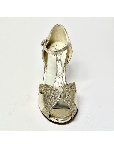Scarpa da ballo donna latino americano liscio da sala spuntata pelle glitter platino suola cuoio tacco 70 rocchetto