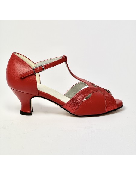 Scarpa da ballo donna latino americano liscio da sala spuntata pelle glitter rosso suola cuoio tacco 50 rocchetto
