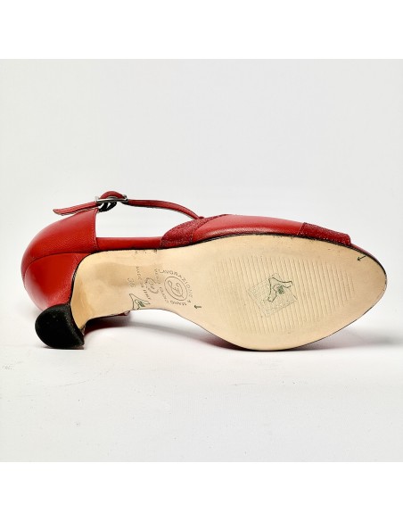 Scarpa da ballo donna latino americano liscio da sala spuntata pelle glitter rosso suola cuoio tacco 50 rocchetto