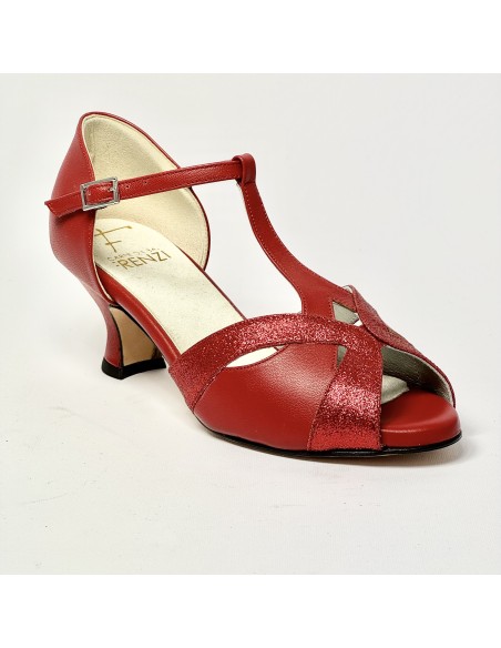 Scarpa da ballo donna latino americano liscio da sala spuntata pelle glitter rosso suola cuoio tacco 50 rocchetto