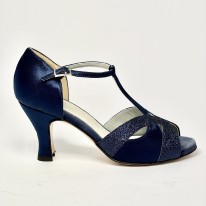 Scarpa da ballo donna latino americano liscio da sala spuntata raso glitter blu suola cuoio tacco 70 rocchetto