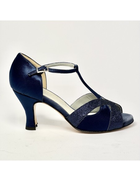 Scarpa da ballo donna latino americano liscio da sala spuntata raso glitter blu suola cuoio tacco 70 rocchetto