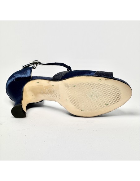 Scarpa da ballo donna latino americano liscio da sala spuntata raso glitter blu suola cuoio tacco 70 rocchetto