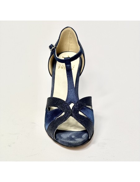 Scarpa da ballo donna latino americano liscio da sala spuntata raso glitter blu suola cuoio tacco 70 rocchetto