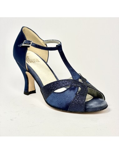 Scarpa da ballo donna latino americano liscio da sala spuntata raso glitter blu suola cuoio tacco 70 rocchetto