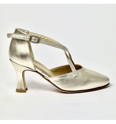 Scarpa da ballo donna ballo da sala liscio punta chiusa pelle platino suola cuoio tacco 70 rocchetto