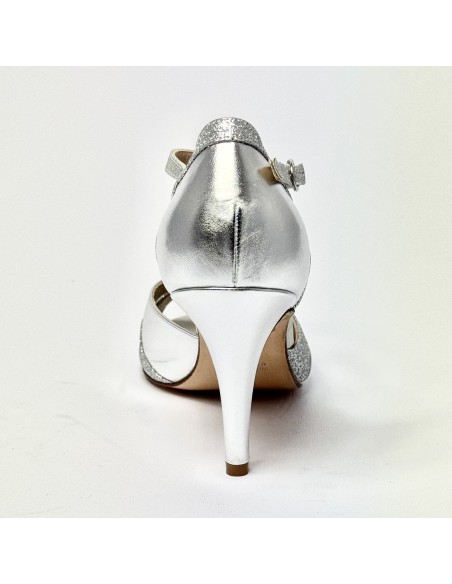 Scarpa da ballo donna latino tango liscio da sala spuntata pelle glitter argento plateau suola cuoio tacco 80 stiletto