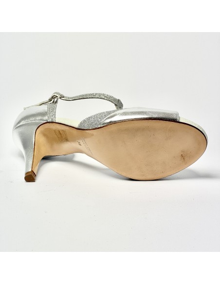 Scarpa da ballo donna latino tango liscio da sala spuntata pelle glitter argento plateau suola cuoio tacco 80 stiletto