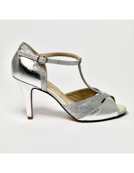 Scarpa da ballo donna latino tango liscio da sala spuntata pelle glitter argento plateau suola cuoio tacco 80 stiletto