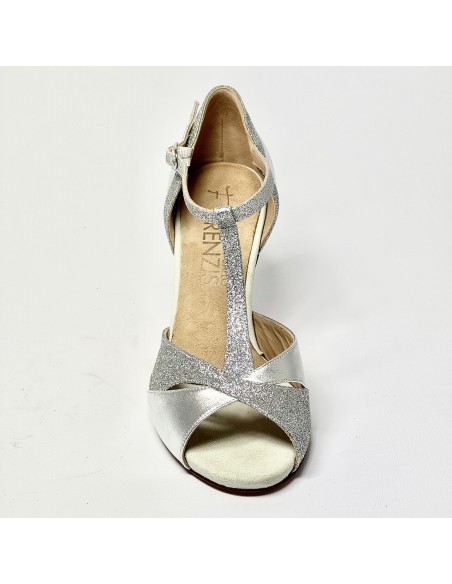 Scarpa da ballo donna latino tango liscio da sala spuntata pelle glitter argento plateau suola cuoio tacco 80 stiletto