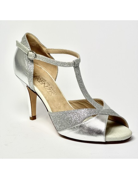 Scarpa da ballo donna latino tango liscio da sala spuntata pelle glitter argento plateau suola cuoio tacco 80 stiletto