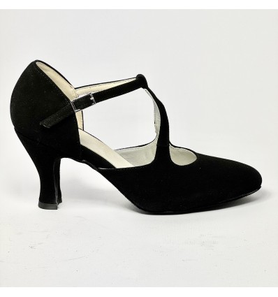 Scarpa da ballo donna liscio da sala camoscio nero suola bufalo tacco 70 rocchetto