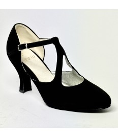 Scarpa da ballo donna liscio da sala camoscio nero suola bufalo tacco 70 rocchetto