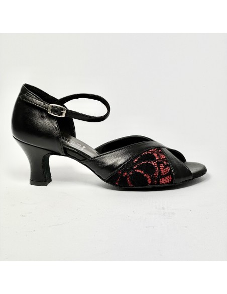 Scarpa da ballo donna latino americano liscio da sala pelle nera pizzo rosso suola bufalo tacco 50