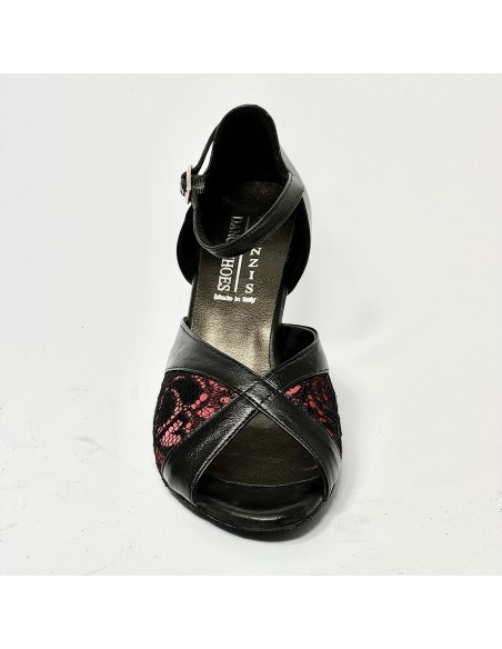 Scarpa da ballo donna latino americano liscio da sala pelle nera pizzo rosso suola bufalo tacco 50