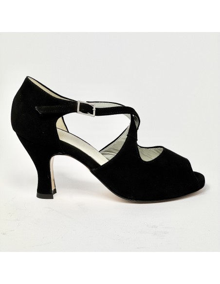 Scarpa da ballo donna latino americano liscio da sala camoscio nero suola cuoio tacco 70 rocchetto