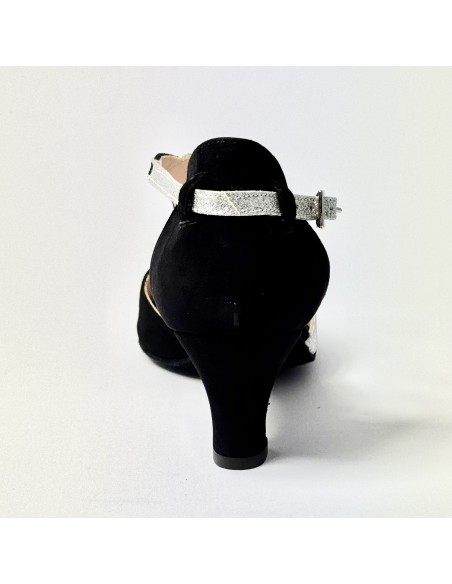 Scarpa da ballo donna latino americano liscio da sala spuntata camoscio nero glitter argento suola bufalo tacco 50