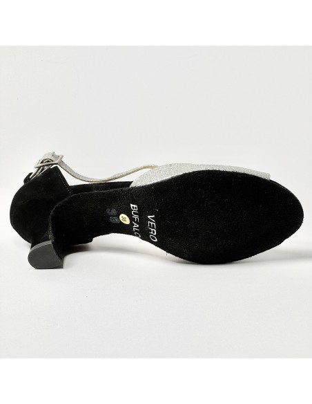 Scarpa da ballo donna latino americano liscio da sala spuntata camoscio nero glitter argento suola bufalo tacco 50