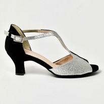 Scarpa da ballo donna latino americano liscio da sala spuntata camoscio nero glitter argento suola bufalo tacco 50