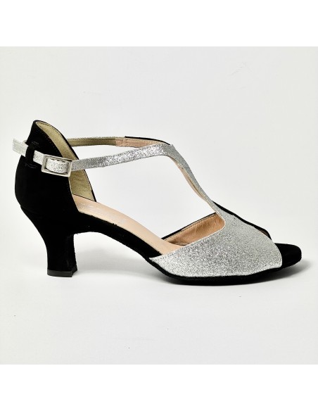 Scarpa da ballo donna latino americano liscio da sala spuntata camoscio nero glitter argento suola bufalo tacco 50