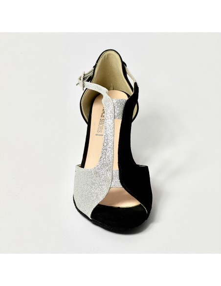 Scarpa da ballo donna latino americano liscio da sala spuntata camoscio nero glitter argento suola bufalo tacco 50
